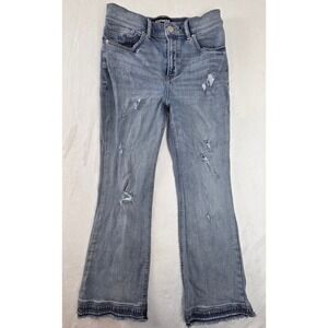 Express Cropped Bell Flare Jeans Womens 0 Blue Distressed High Rise Raw Hem